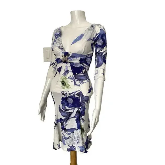 Roberto Cavalli S Multicolor Floral Jersey V-Neck Snake Head Brooch Dress IT-38 - Picture 4 of 9